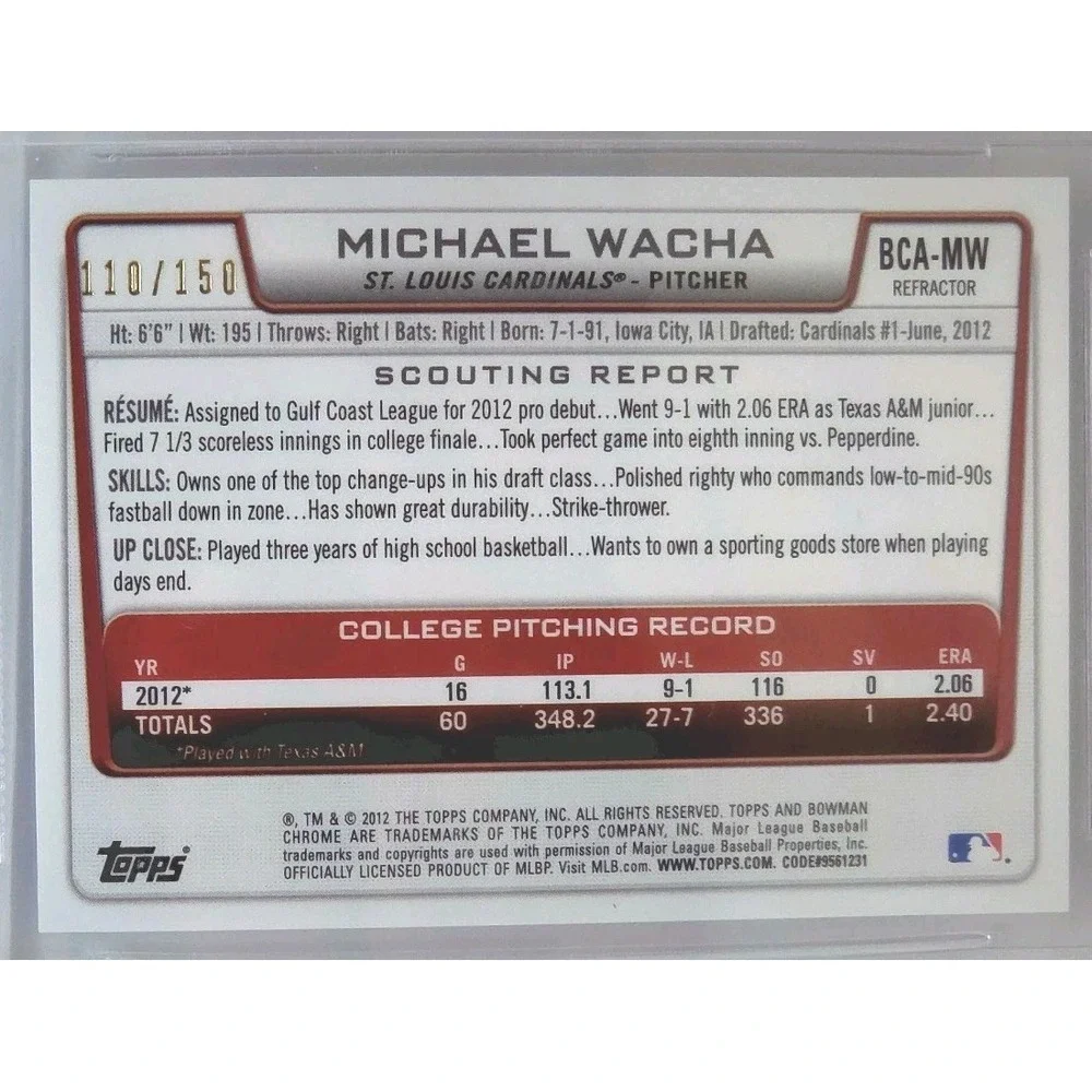 2012 Bowman Chrome Draft Picks - Michael Wacha Blue Refractor #/150 Auto BGS 9.5